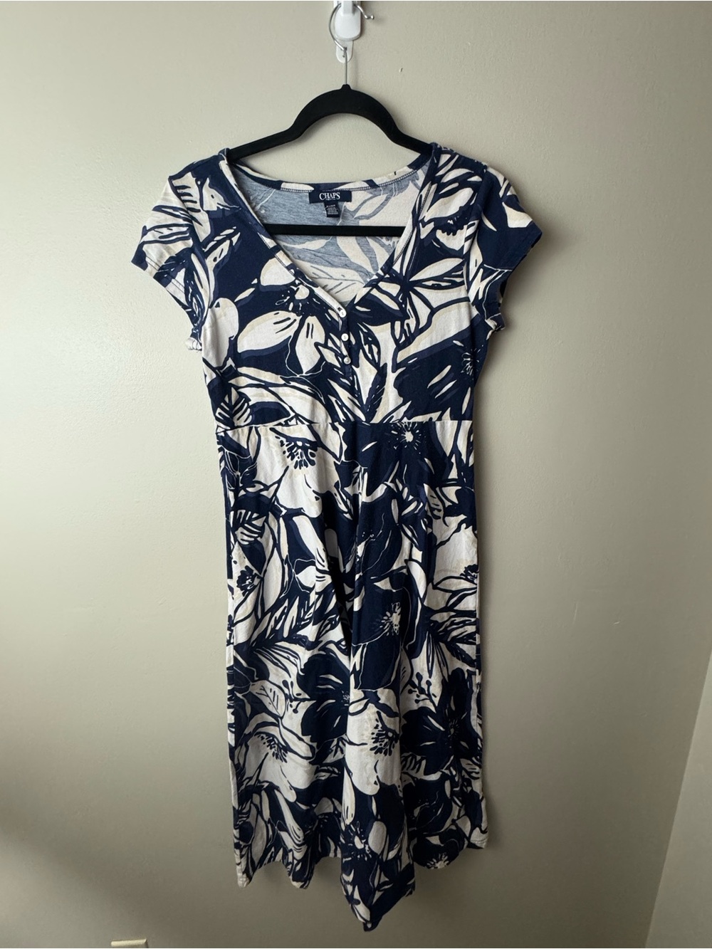 Chaps Navy-White Floral V-Neck Empire Waist Midi Dress Summer Resort Petite Lg